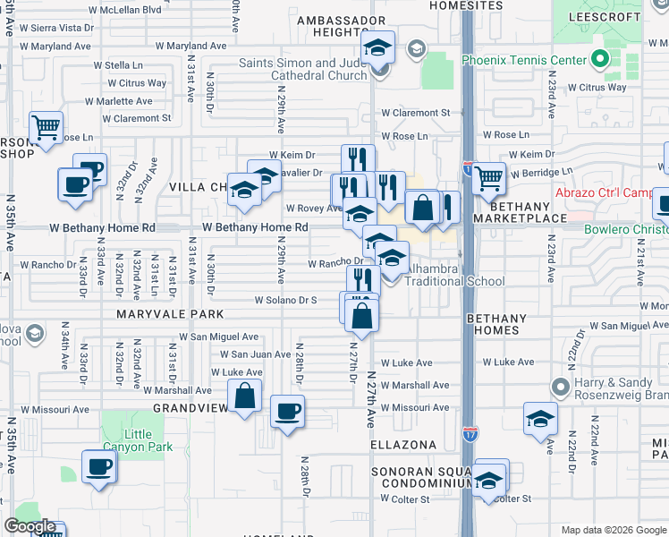 map of restaurants, bars, coffee shops, grocery stores, and more near 2746 West Solano Drive North in Phoenix