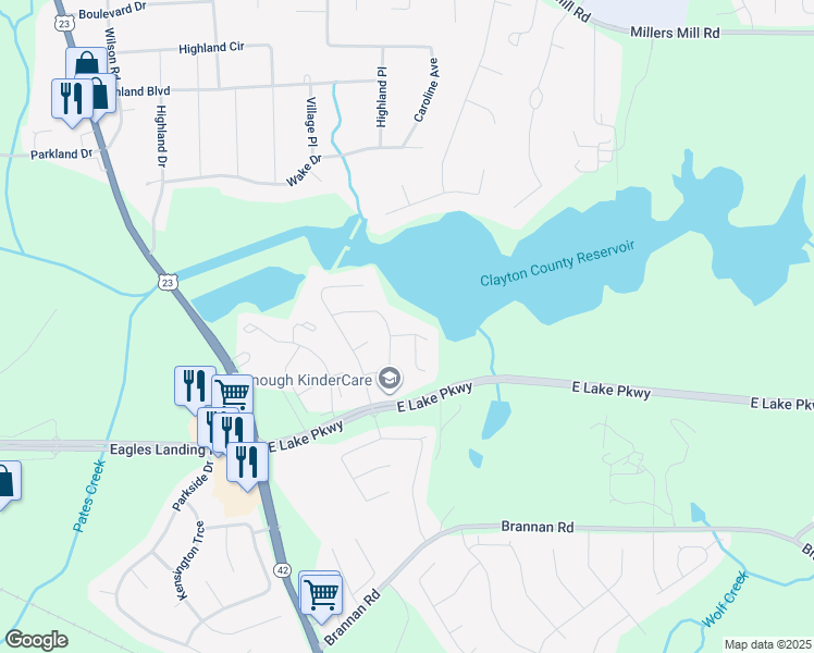 map of restaurants, bars, coffee shops, grocery stores, and more near 501 Hawk Eye Court in McDonough