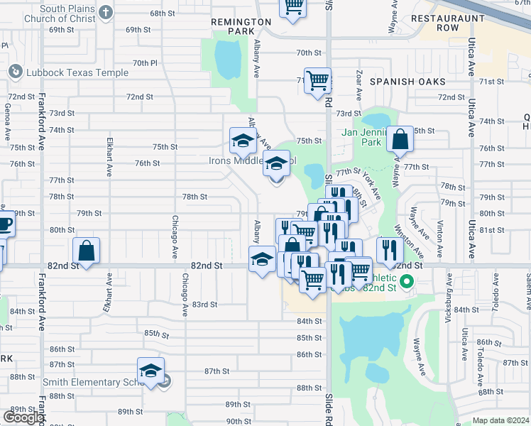 map of restaurants, bars, coffee shops, grocery stores, and more near 5214 79th Street in Lubbock