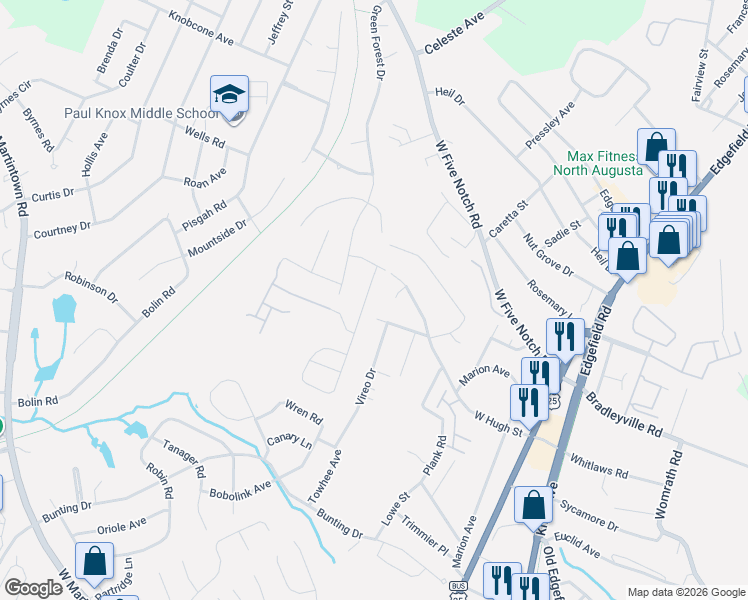 map of restaurants, bars, coffee shops, grocery stores, and more near 135 Bobbye Drive in North Augusta