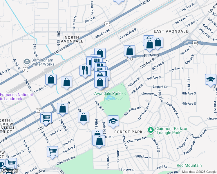 map of restaurants, bars, coffee shops, grocery stores, and more near 4110 5th Avenue South in Birmingham