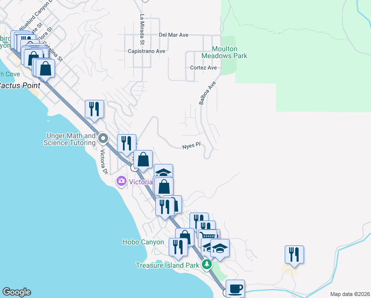 map of restaurants, bars, coffee shops, grocery stores, and more near 661 Nyes Place in Laguna Beach