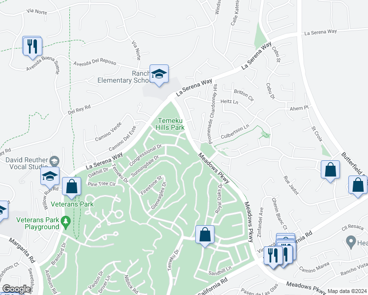 map of restaurants, bars, coffee shops, grocery stores, and more near 31470 Congressional Drive in Temecula
