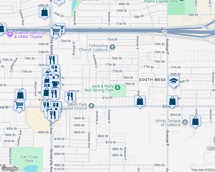 map of restaurants, bars, coffee shops, grocery stores, and more near 7816 Avenue U in Lubbock