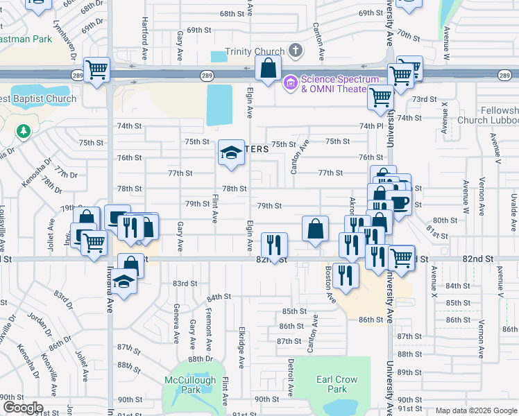 map of restaurants, bars, coffee shops, grocery stores, and more near 2740 80th Street in Lubbock