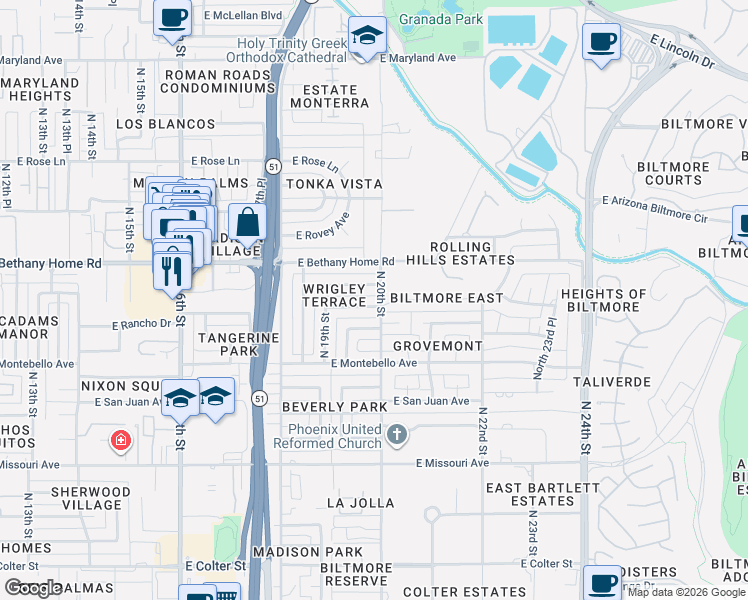 map of restaurants, bars, coffee shops, grocery stores, and more near 1939 East Rancho Drive in Phoenix