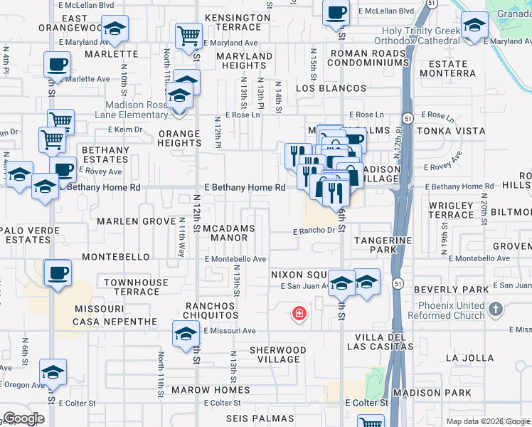 map of restaurants, bars, coffee shops, grocery stores, and more near 5801 North 14th Street in Phoenix