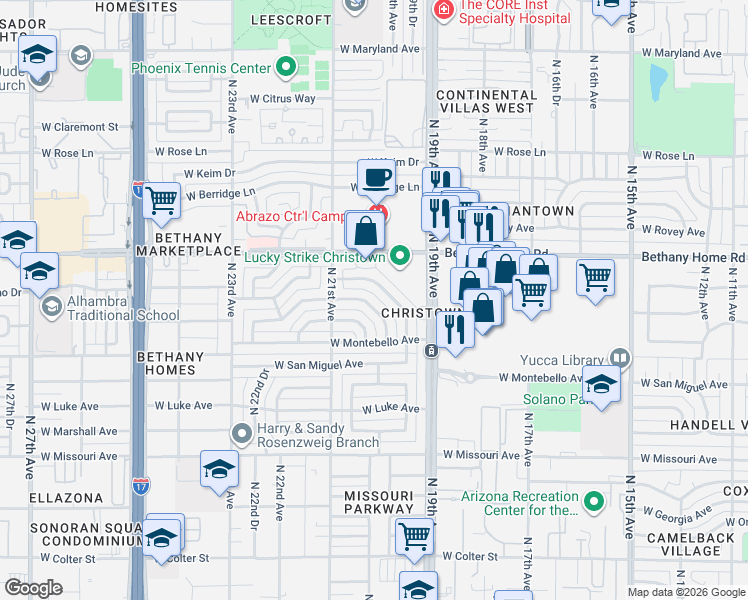 map of restaurants, bars, coffee shops, grocery stores, and more near 2025 West Rancho Drive in Phoenix