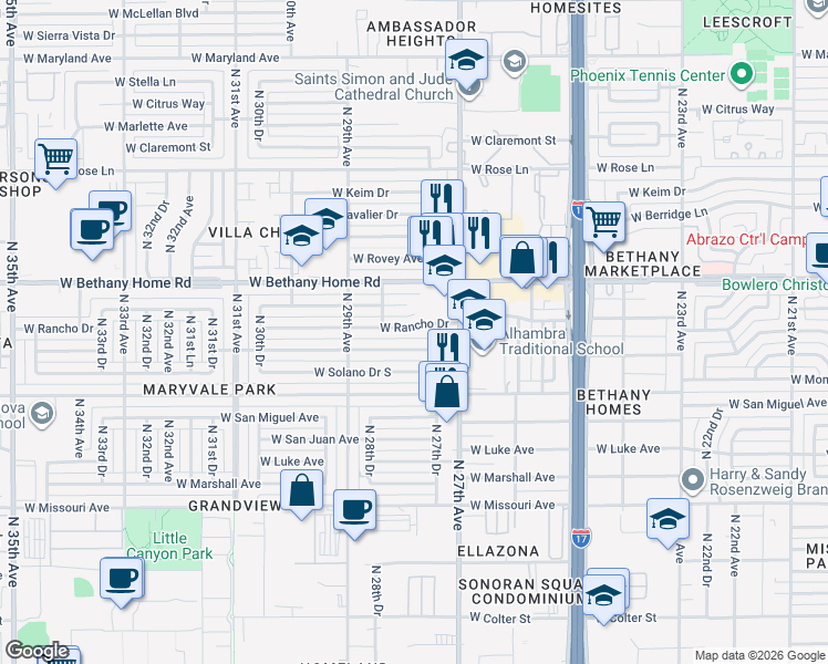 map of restaurants, bars, coffee shops, grocery stores, and more near 2746 West Solano Drive North in Phoenix