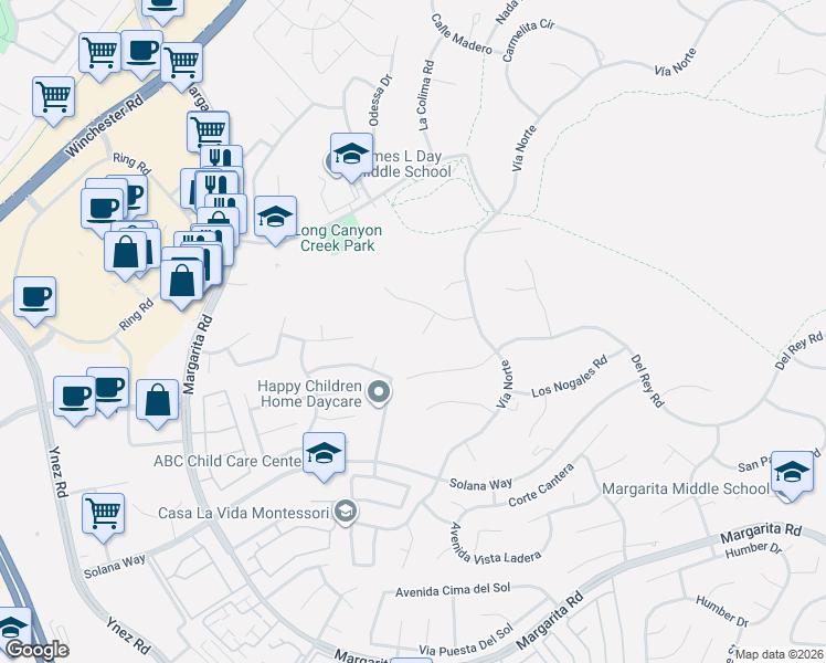 map of restaurants, bars, coffee shops, grocery stores, and more near 41197 Vía Cielito in Temecula