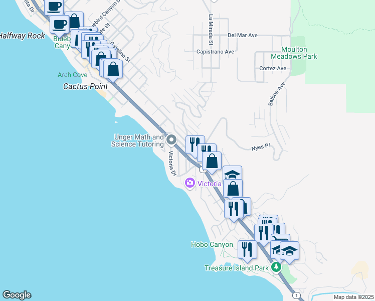 map of restaurants, bars, coffee shops, grocery stores, and more near 181 Sunset Terrace in Laguna Beach