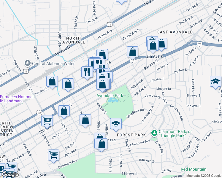 map of restaurants, bars, coffee shops, grocery stores, and more near 4110 5th Avenue South in Birmingham