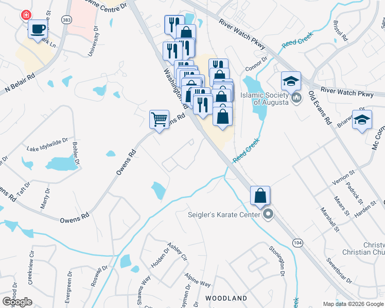 map of restaurants, bars, coffee shops, grocery stores, and more near 1080 Claussen Road in Augusta