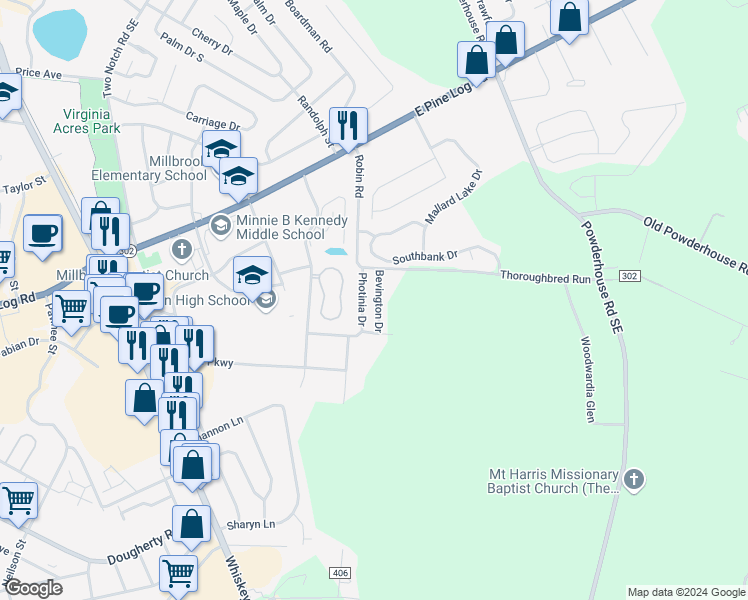 map of restaurants, bars, coffee shops, grocery stores, and more near 137 Bevington Drive in Aiken