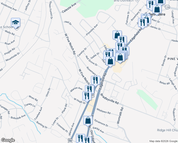 map of restaurants, bars, coffee shops, grocery stores, and more near 112 Rosemary Lane in North Augusta