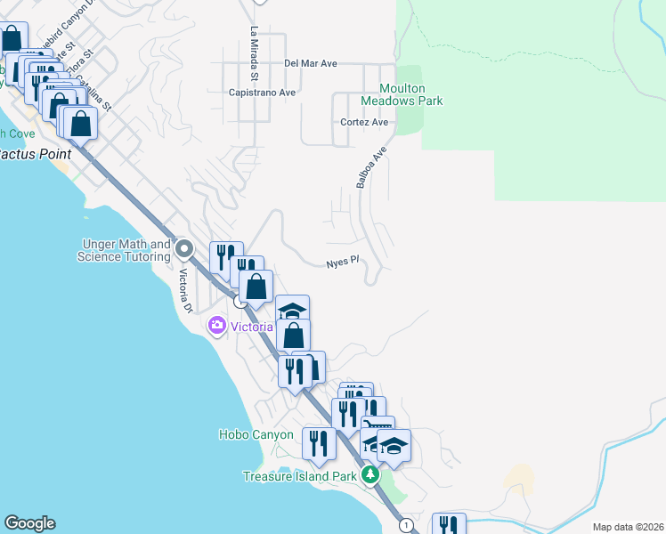 map of restaurants, bars, coffee shops, grocery stores, and more near 661 Nyes Place in Laguna Beach