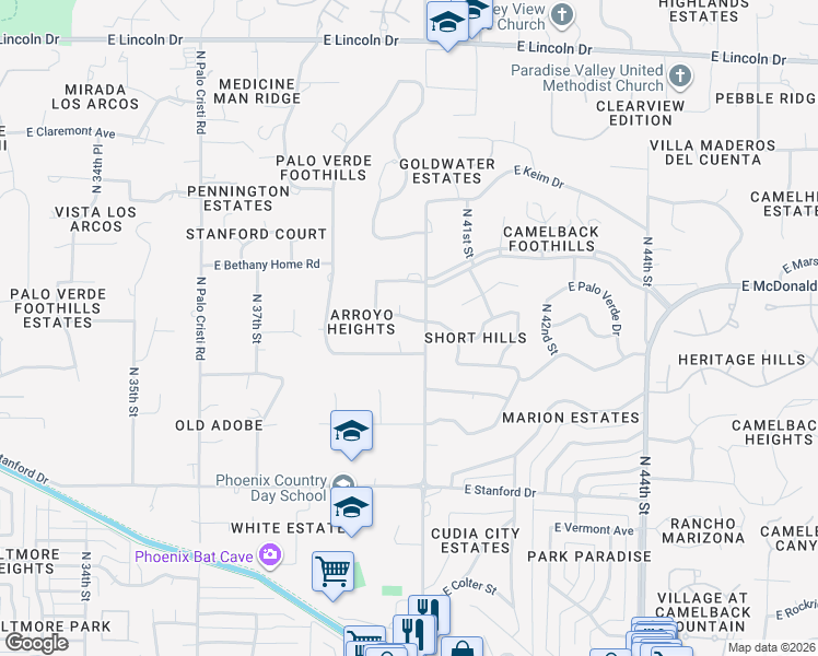 map of restaurants, bars, coffee shops, grocery stores, and more near 3928 East San Miguel Avenue in Paradise Valley