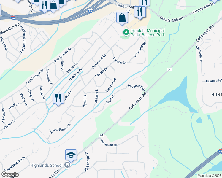 map of restaurants, bars, coffee shops, grocery stores, and more near 5249 Dresden Road in Irondale
