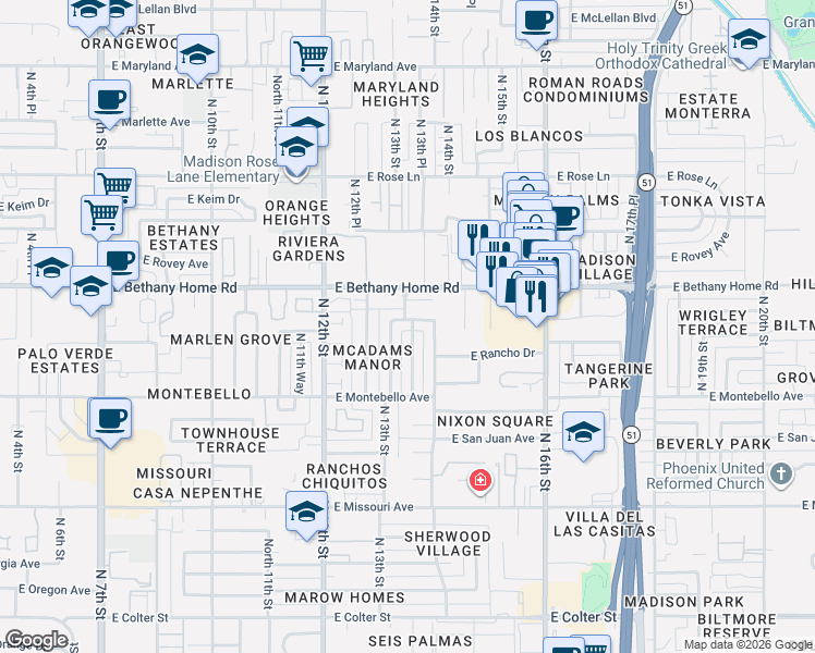 map of restaurants, bars, coffee shops, grocery stores, and more near 5802 North 13th Place in Phoenix