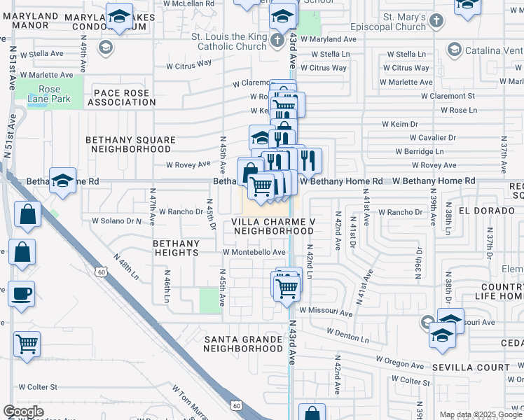 map of restaurants, bars, coffee shops, grocery stores, and more near 4353 West Bethany Home Road in Glendale