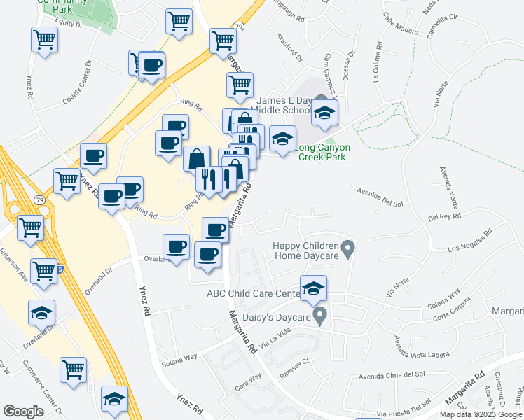 map of restaurants, bars, coffee shops, grocery stores, and more near 29512 Georgetown Lane in Temecula