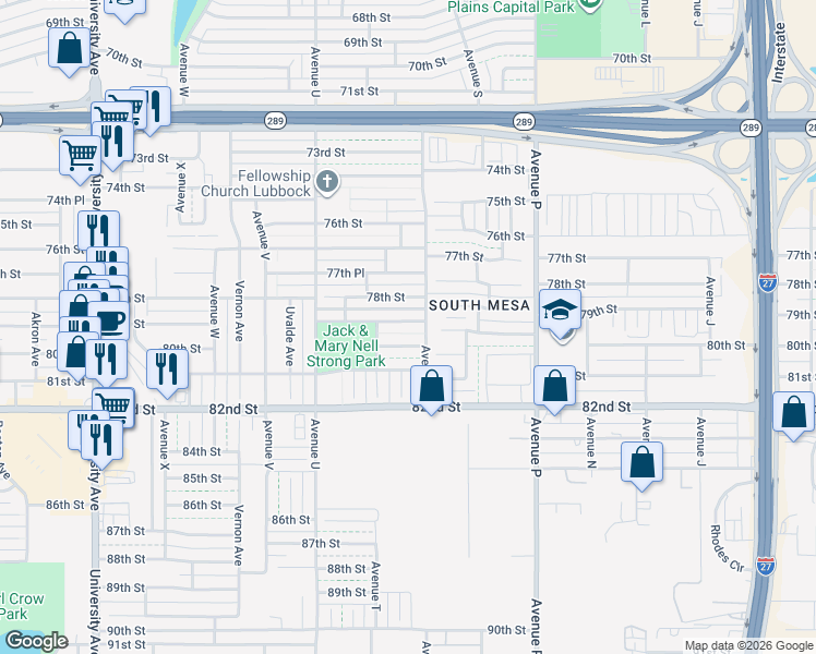 map of restaurants, bars, coffee shops, grocery stores, and more near Avenue S in Lubbock