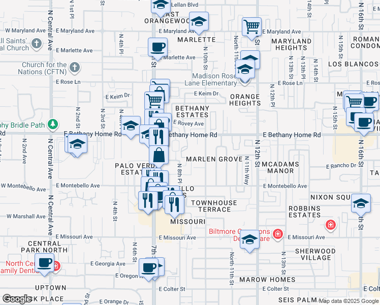 map of restaurants, bars, coffee shops, grocery stores, and more near 815 East Bethany Home Road in Phoenix