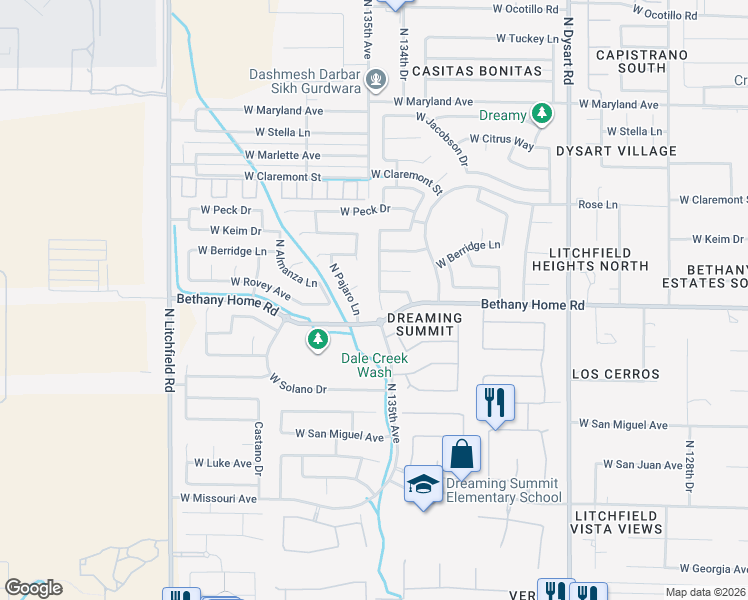 map of restaurants, bars, coffee shops, grocery stores, and more near 6007 North Pajaro Lane in Litchfield Park