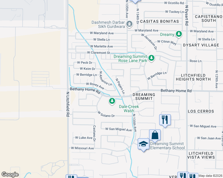 map of restaurants, bars, coffee shops, grocery stores, and more near 13545 West Rovey Avenue in Litchfield Park