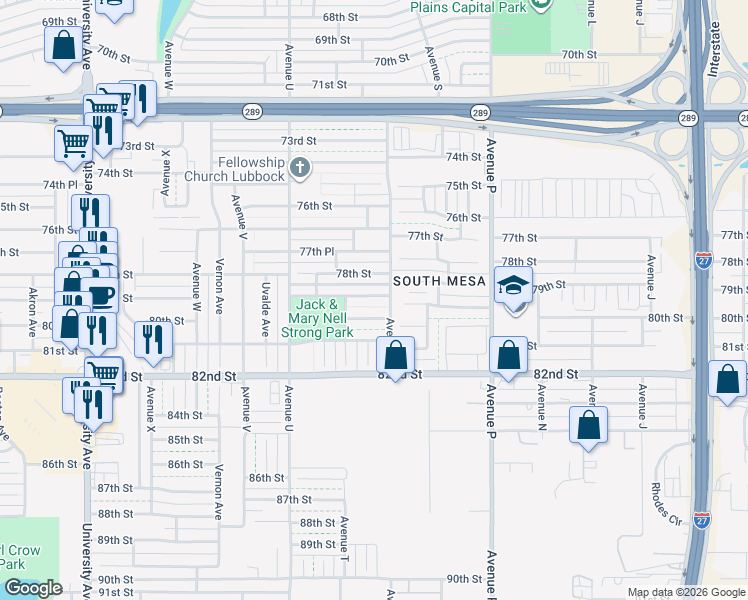 map of restaurants, bars, coffee shops, grocery stores, and more near Avenue S in Lubbock