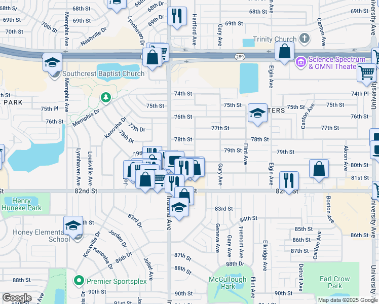 map of restaurants, bars, coffee shops, grocery stores, and more near 3304 80th Street in Lubbock