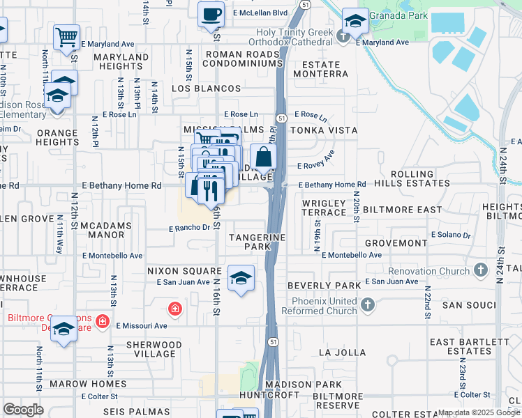 map of restaurants, bars, coffee shops, grocery stores, and more near 1646 East Rancho Drive in Phoenix