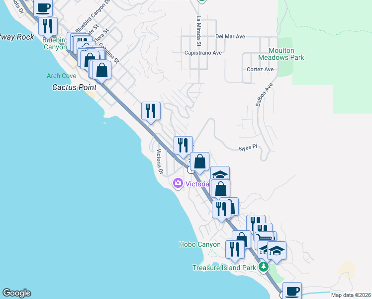 map of restaurants, bars, coffee shops, grocery stores, and more near 2770 Highland Way in Laguna Beach