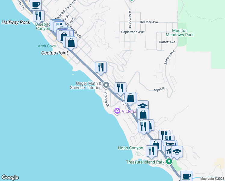 map of restaurants, bars, coffee shops, grocery stores, and more near 181 Sunset Terrace in Laguna Beach