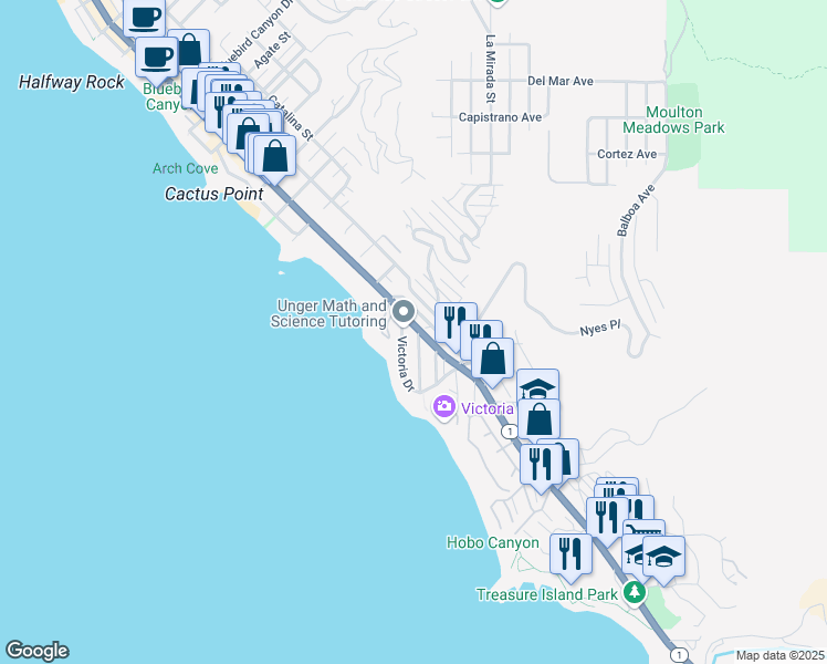 map of restaurants, bars, coffee shops, grocery stores, and more near 181 Sunset Terrace in Laguna Beach