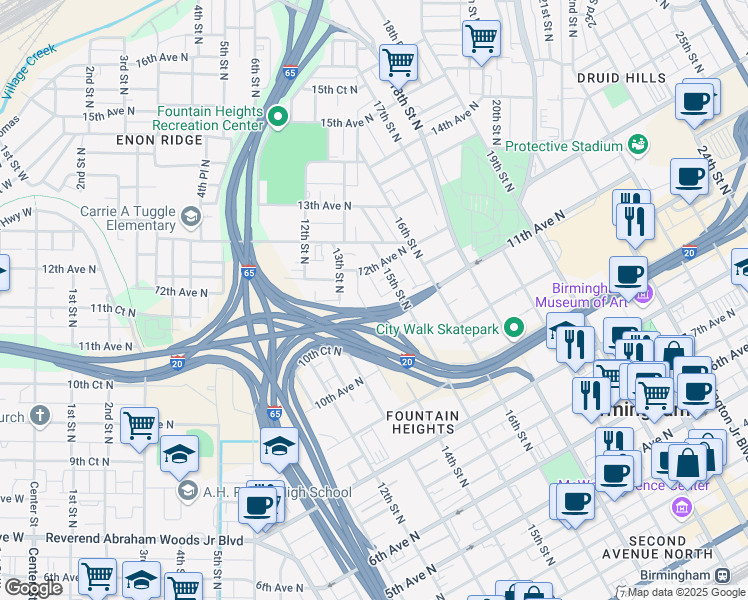 map of restaurants, bars, coffee shops, grocery stores, and more near 1404 11th Avenue North in Birmingham