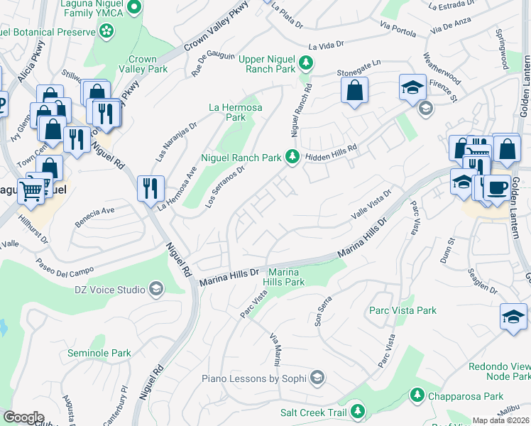 map of restaurants, bars, coffee shops, grocery stores, and more near 24681 Camden Court in Laguna Niguel
