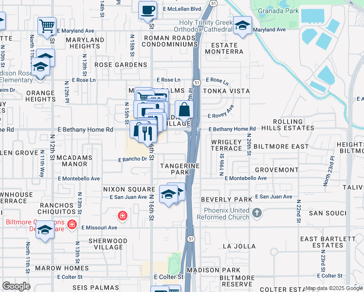 map of restaurants, bars, coffee shops, grocery stores, and more near 1646 East Rancho Drive in Phoenix