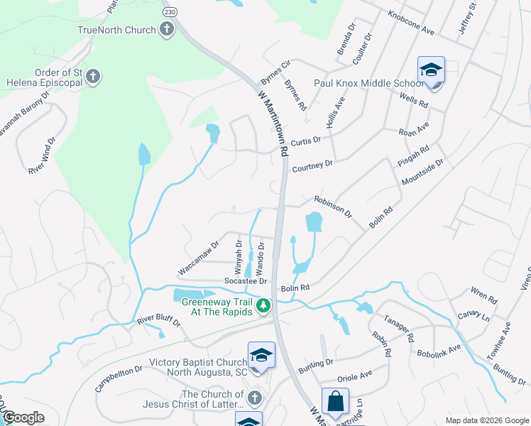 map of restaurants, bars, coffee shops, grocery stores, and more near 1448 Waccamaw Drive in North Augusta