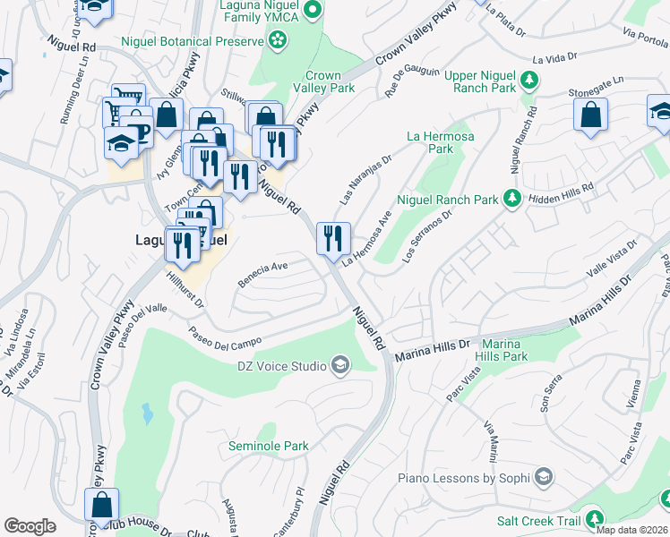 map of restaurants, bars, coffee shops, grocery stores, and more near 24142 Hillhurst Drive in Laguna Niguel