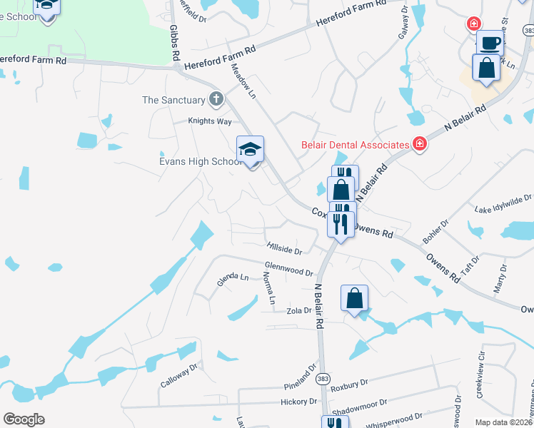 map of restaurants, bars, coffee shops, grocery stores, and more near 231 Dry Creek Road in Evans