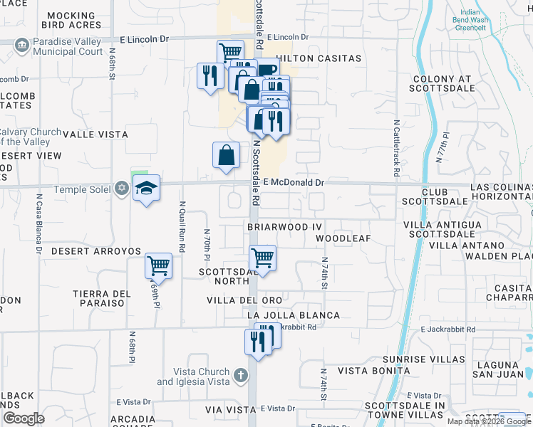 map of restaurants, bars, coffee shops, grocery stores, and more near 7209 East McDonald Drive in Scottsdale