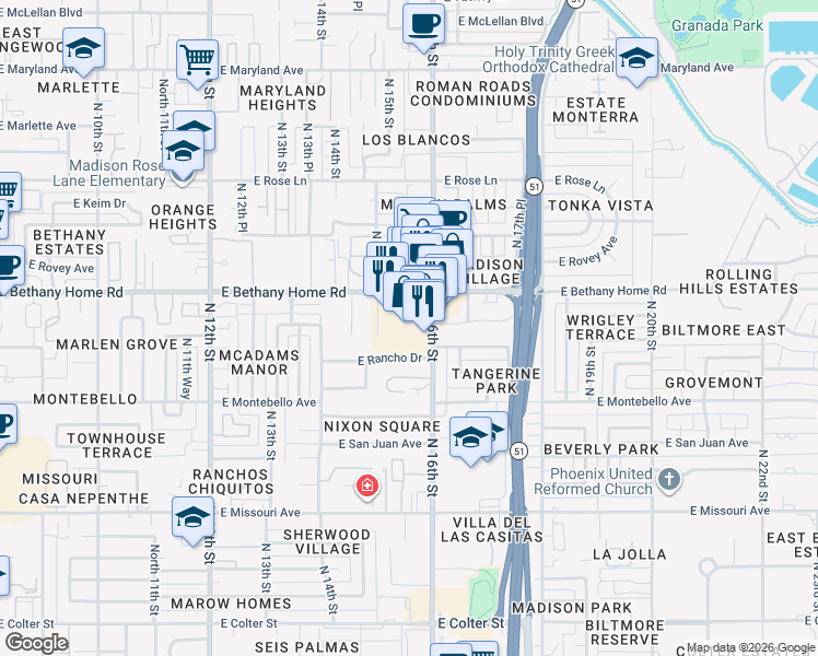 map of restaurants, bars, coffee shops, grocery stores, and more near 1530 East Rancho Drive in Phoenix