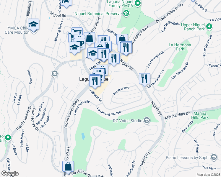 map of restaurants, bars, coffee shops, grocery stores, and more near 23821 Hillhurst Drive in Laguna Niguel