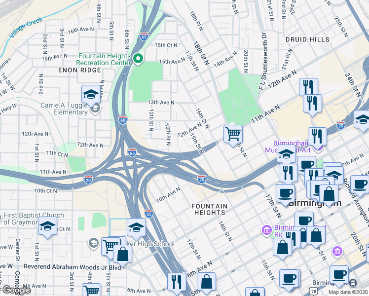 map of restaurants, bars, coffee shops, grocery stores, and more near 1404 11th Avenue North in Birmingham
