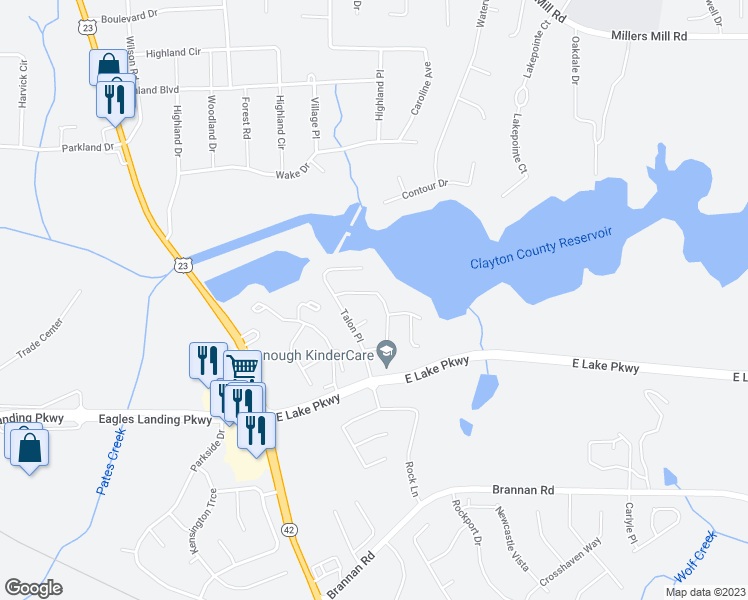 map of restaurants, bars, coffee shops, grocery stores, and more near 355 Bald Eagle Way in McDonough