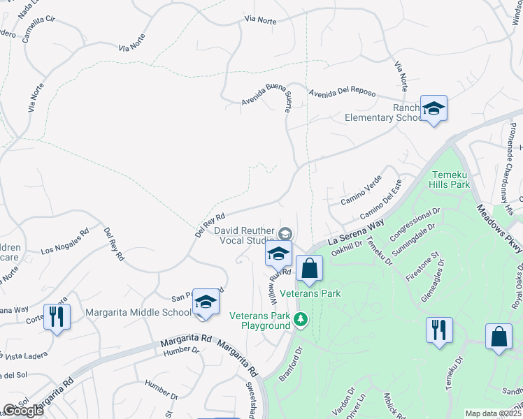 map of restaurants, bars, coffee shops, grocery stores, and more near 30701 Del Rey Road in Temecula