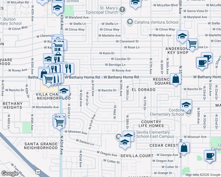 map of restaurants, bars, coffee shops, grocery stores, and more near 3932 West Solano Drive in Phoenix