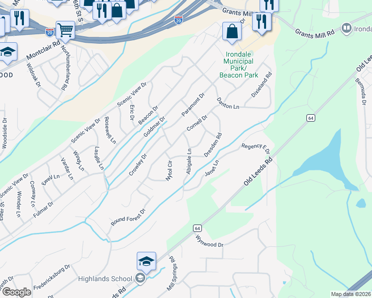 map of restaurants, bars, coffee shops, grocery stores, and more near 5213 Dresden Road in Irondale