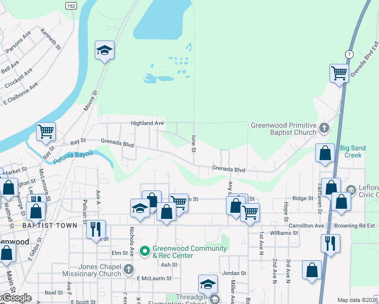 map of restaurants, bars, coffee shops, grocery stores, and more near 1901 Grenada Boulevard in Greenwood